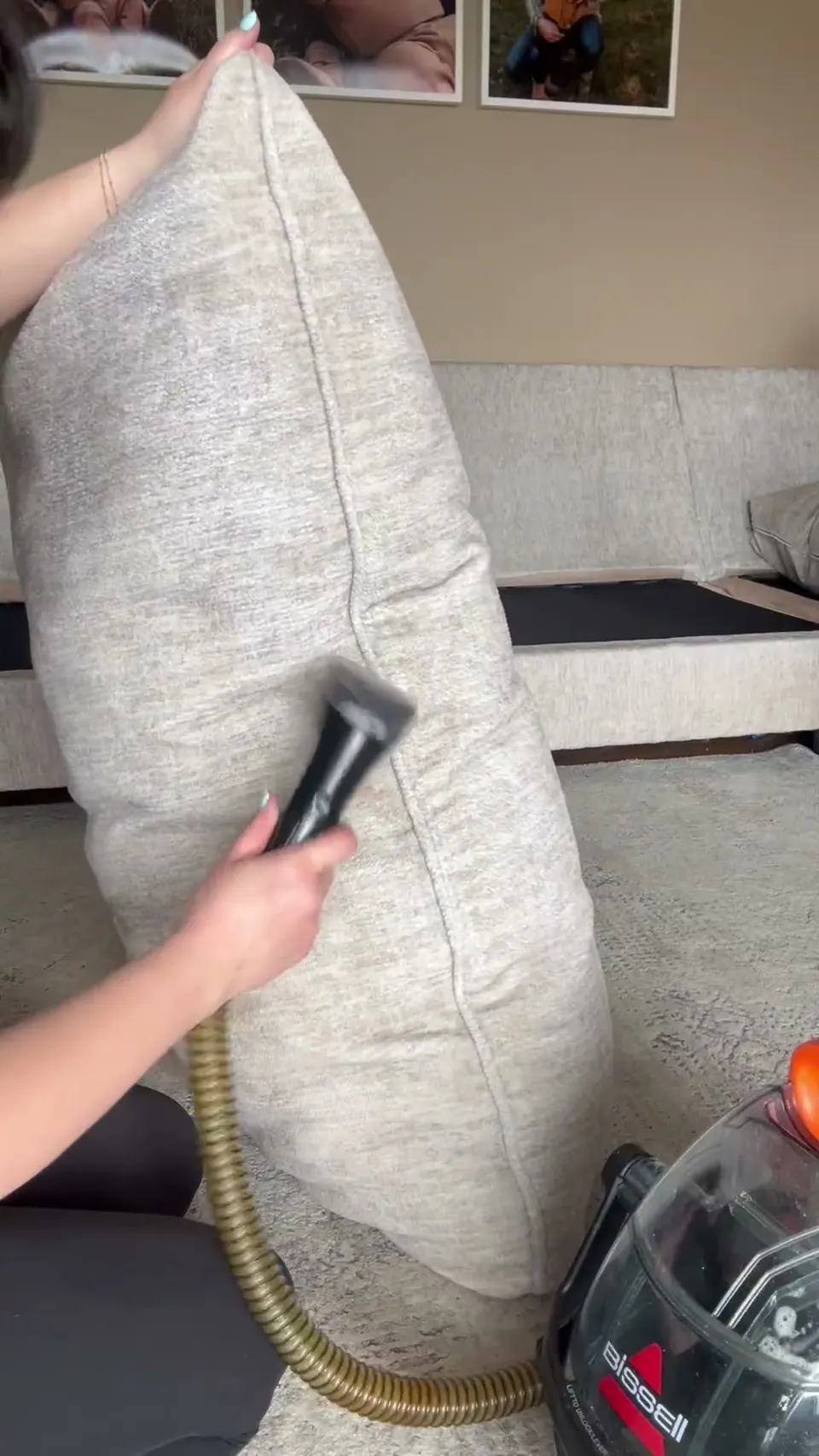 The hand tools earn their keep on fabric furniture, worked one cushion at a time.