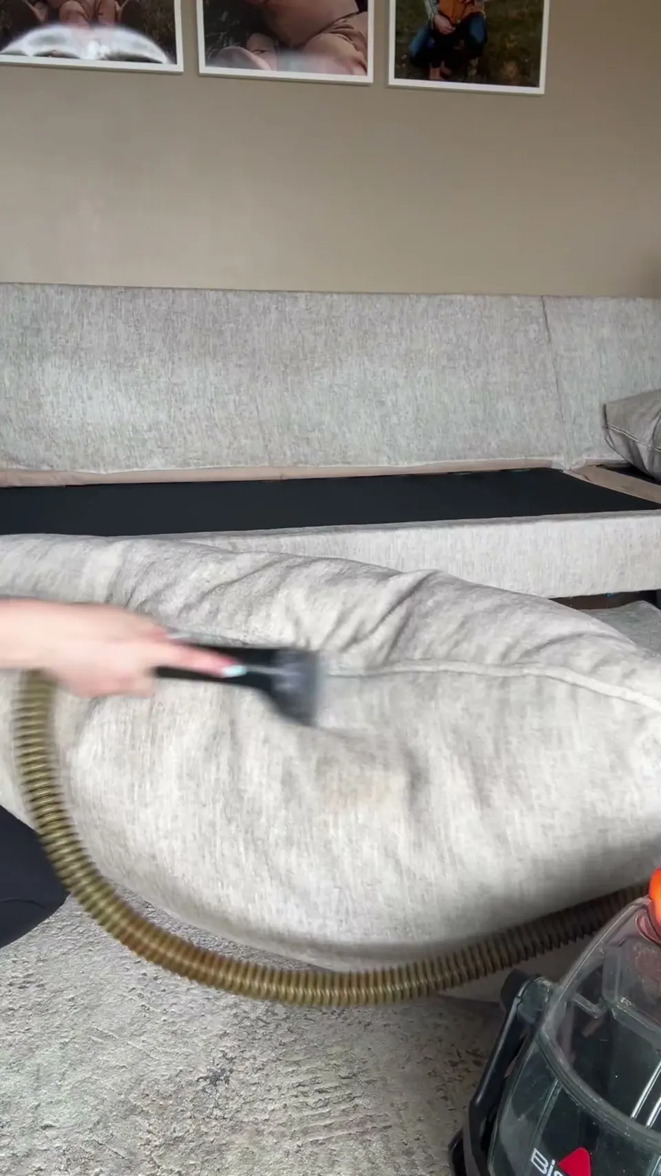 Upholstery cleaning runs spray, scrub, extract one cushion at a time.