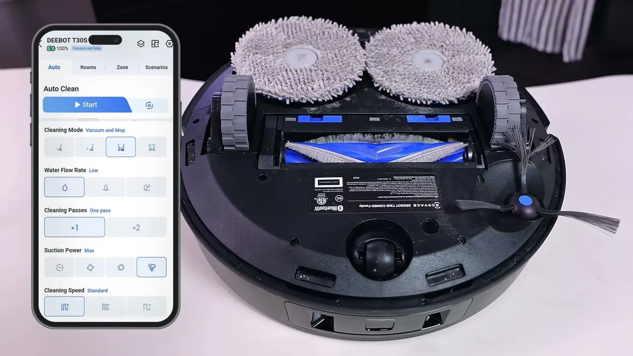 Suction and water flow are per-run settings in the app; the phone next to the flipped robot shows that screen.