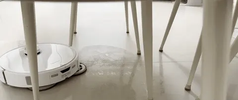 Water marks are the mop's recurring complaint: glossy tile shows the wet trail it leaves behind.