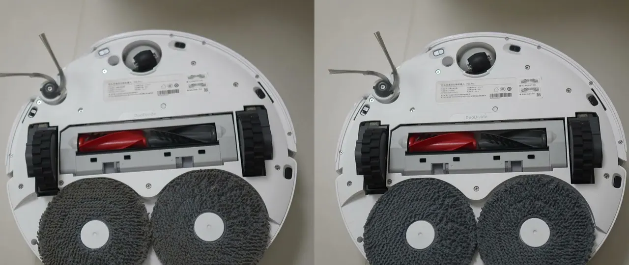 Left: the mop pads after a dirty run. Right: the same pads after the dock's wash, clean and dry to the touch.